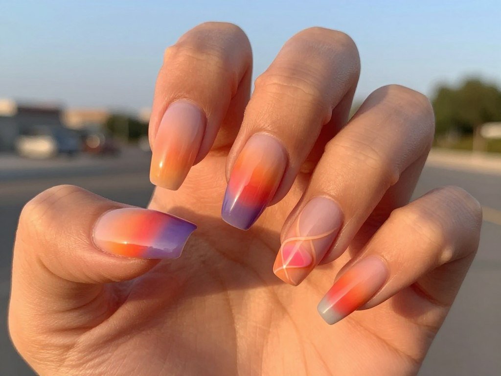 Orange pink and purple swirl nails inspired by sunset colors