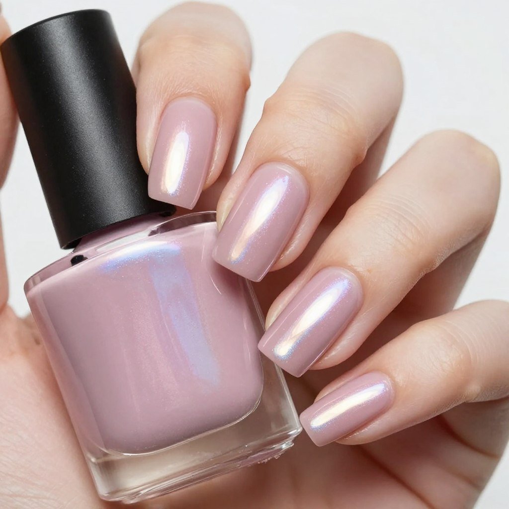 Pale pink chrome finish nails with reflective metallic sheen