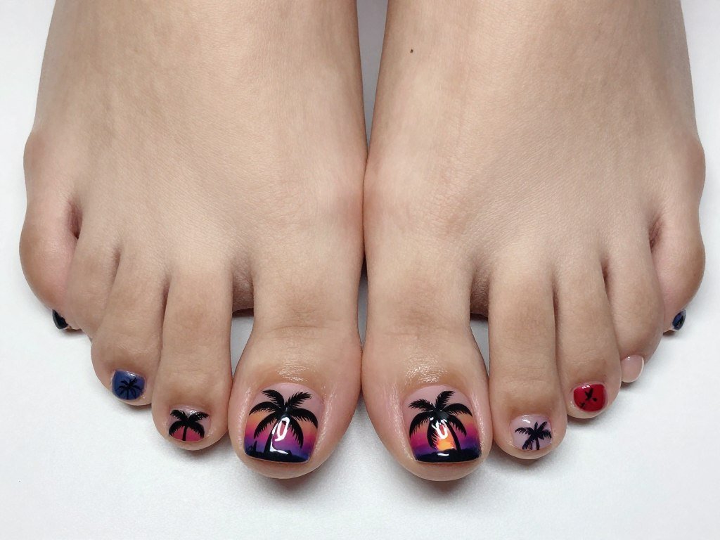 Palm tree silhouette nail art design on summer pedicure