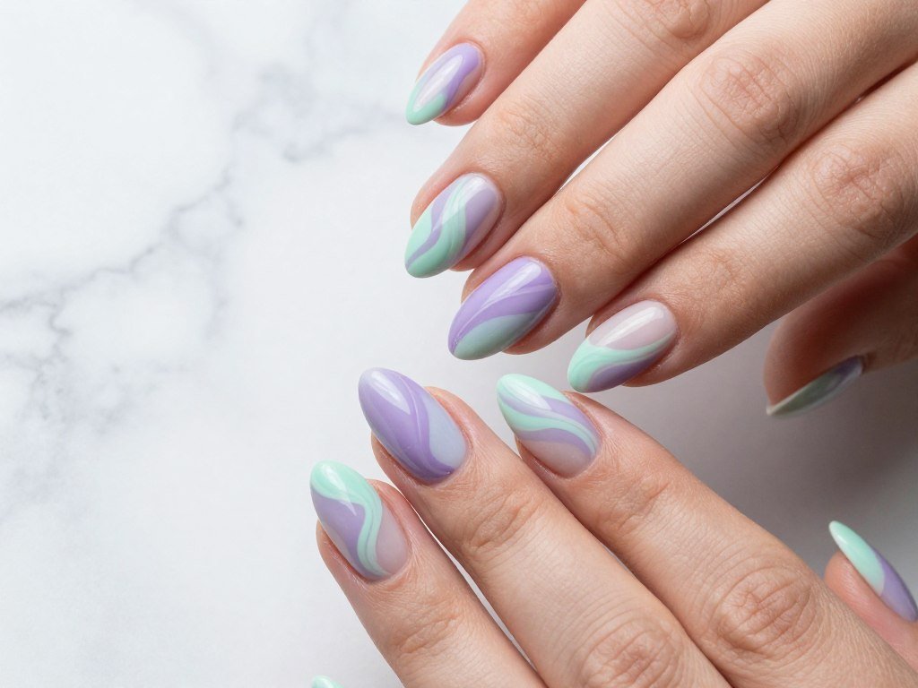 Pastel lavender and mint green swirl nail design on almond-shaped nails
