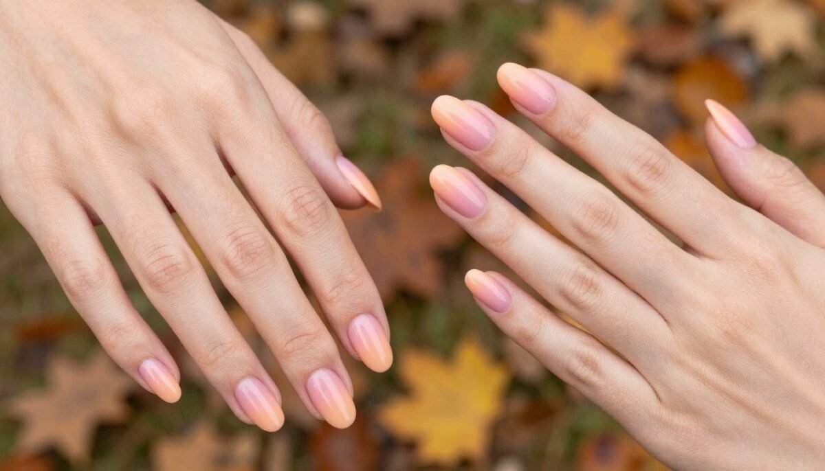 Peachy-pink gradient nails transitioning from blush to soft peach
