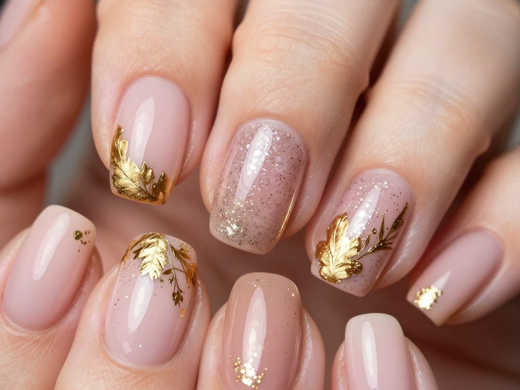 Pink and gold color combination showcase on fall nails with various accent styles