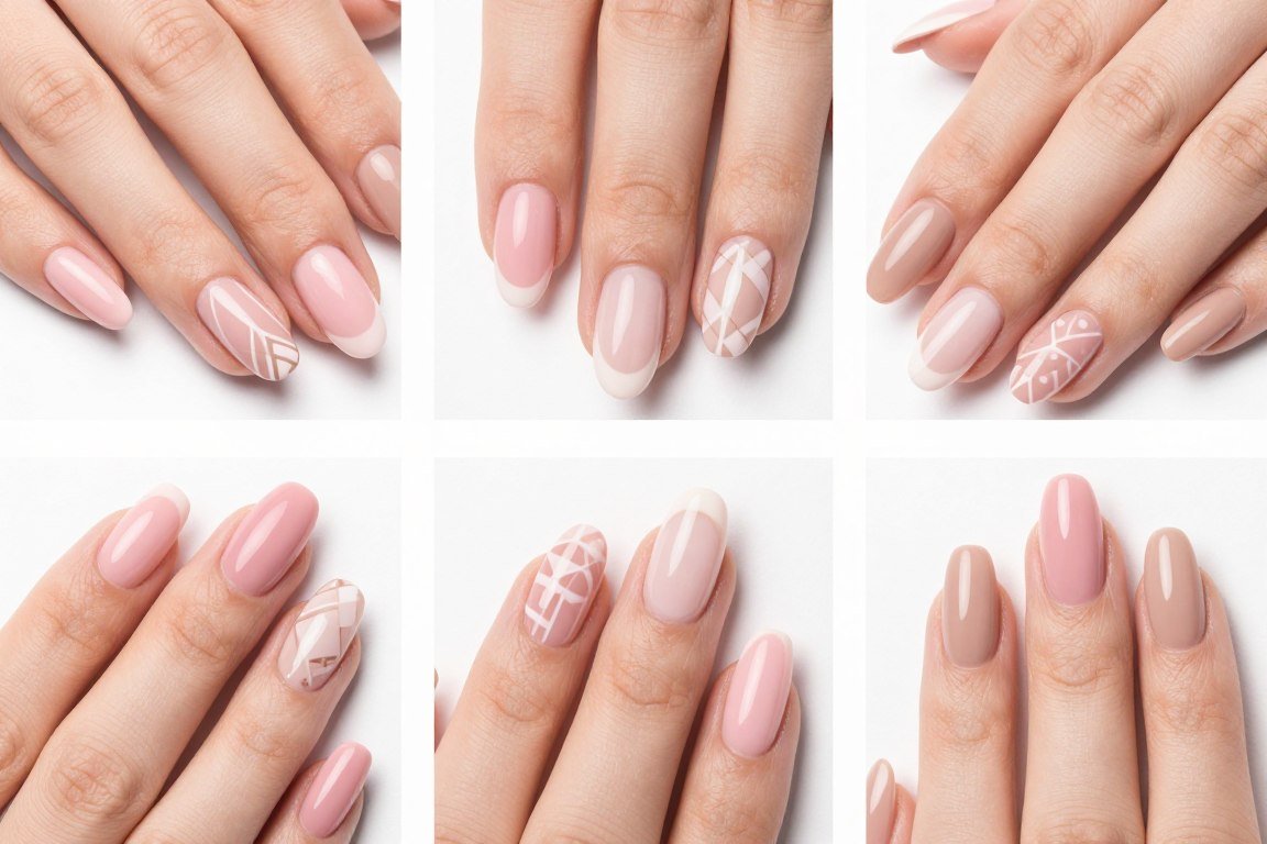 Pink and nude color combination in various nail art patterns and designs