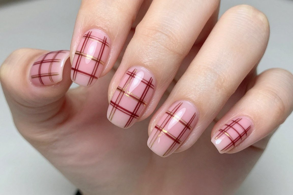 Pink nails featuring plaid pattern with burgundy and gold lines