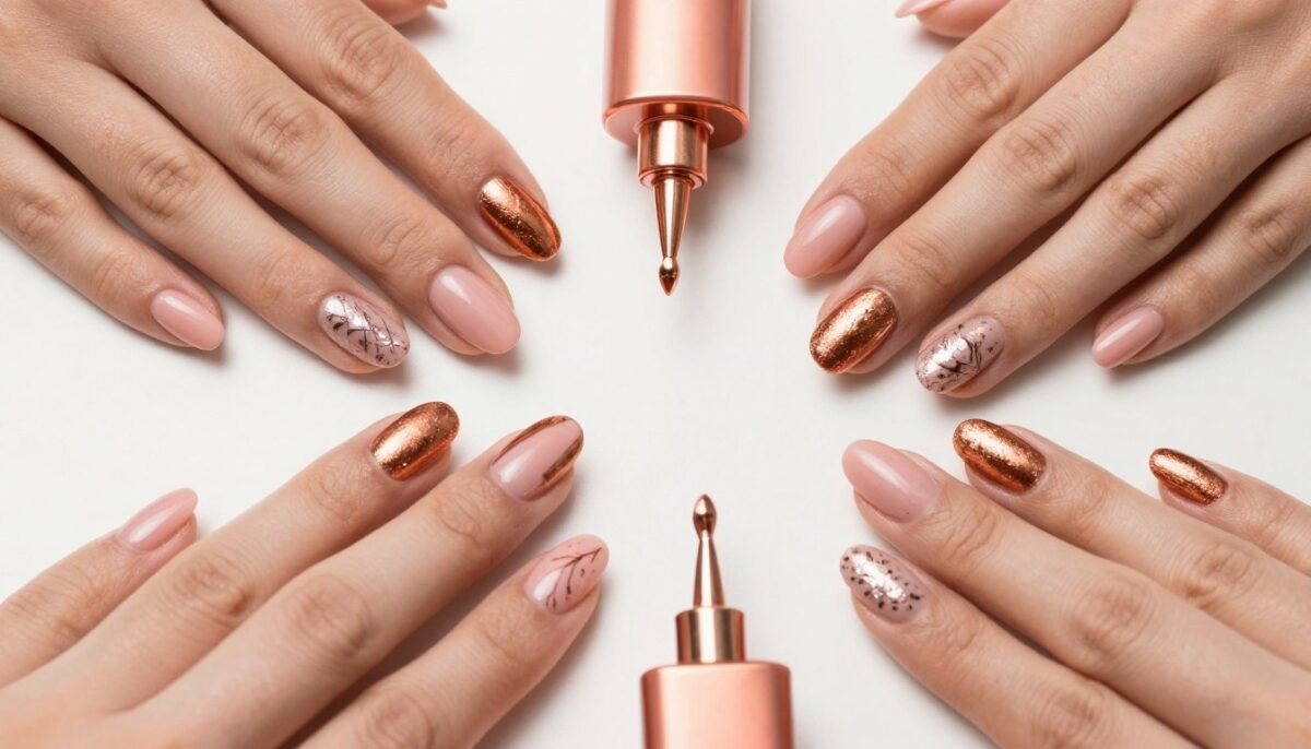 Pink nails with copper metallic accents showing warm autumn combination
