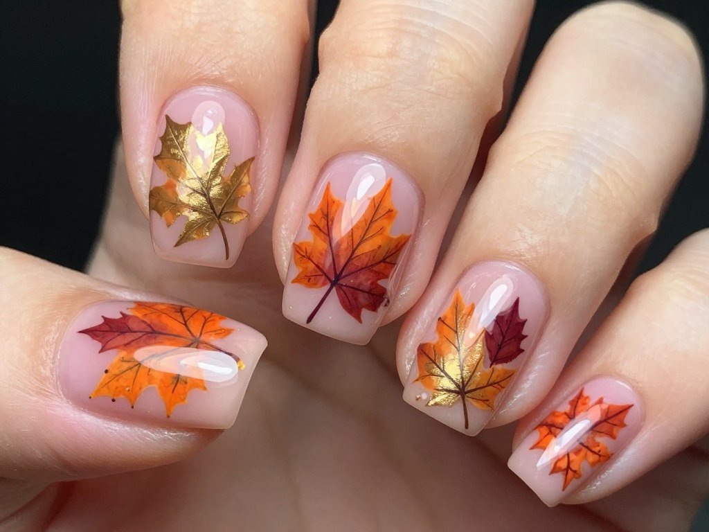 Pink nails with hand-painted autumn leaves in gold and burgundy
