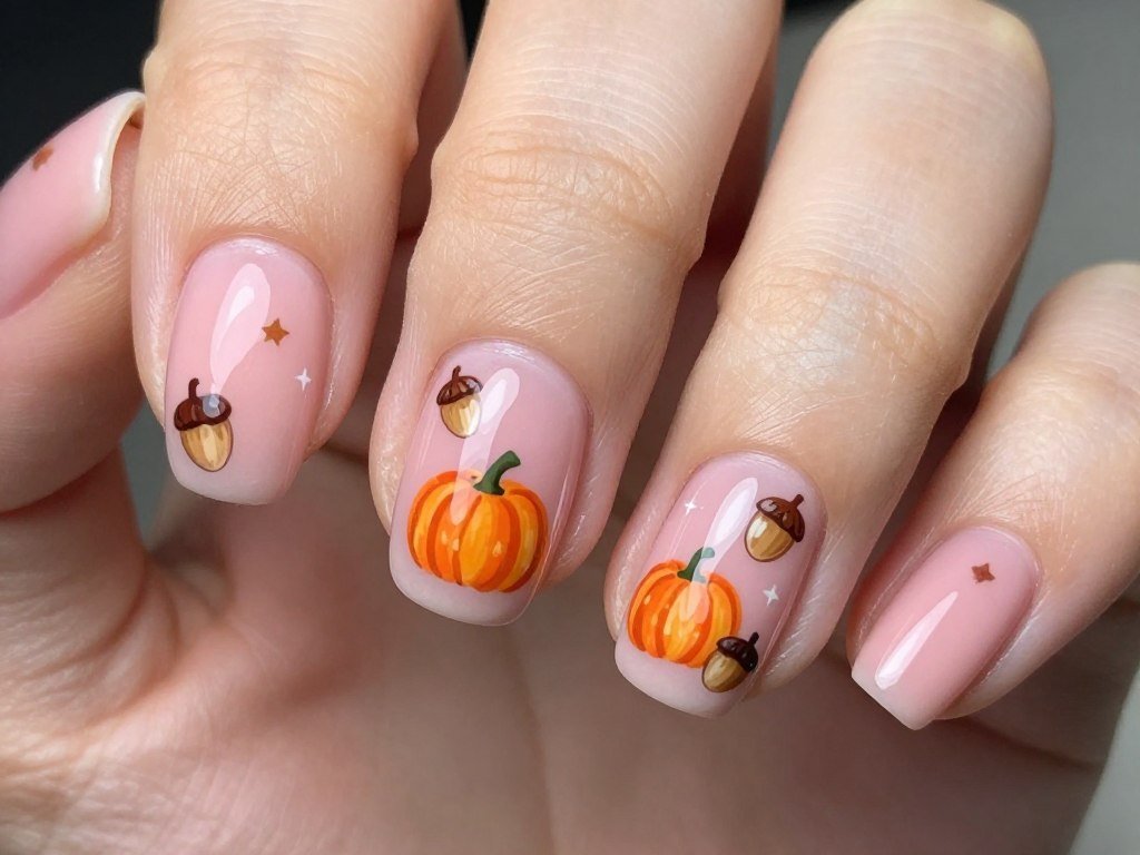 Pink nails with miniature pumpkin and acorn autumn motifs