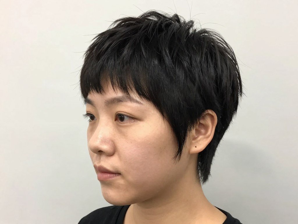 Pixie cut on round face shape designed for thin fine hair