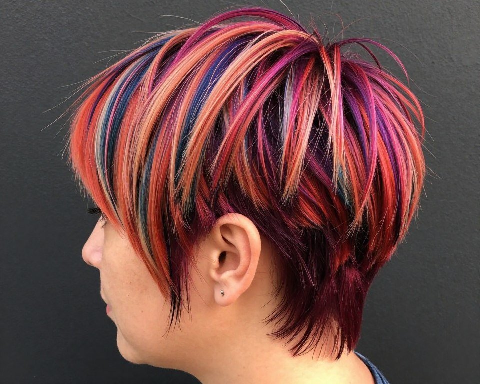 Pixie cut with bold color placement for thin fine hair