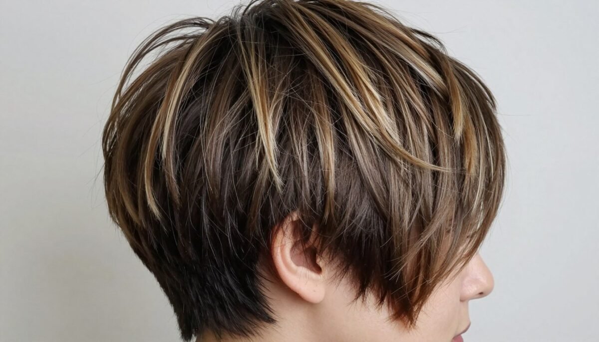 Pixie cut with strategic highlights for thin fine hair