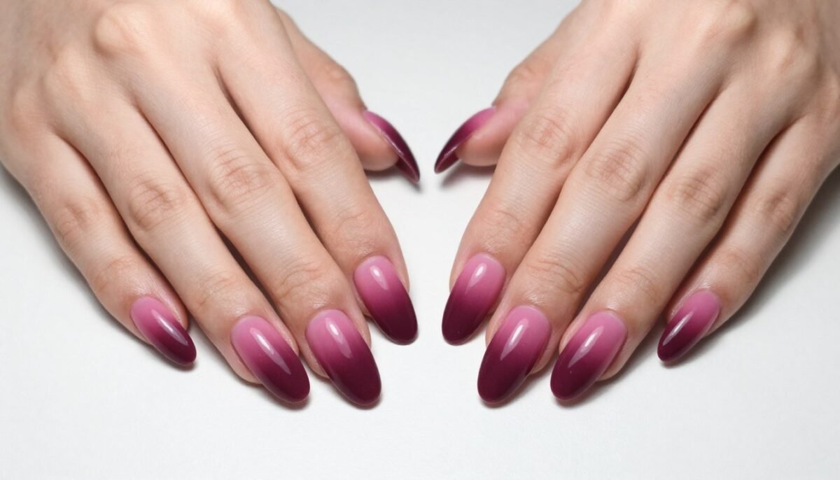 Plum-pink gradient nails transitioning from medium pink to deep plum