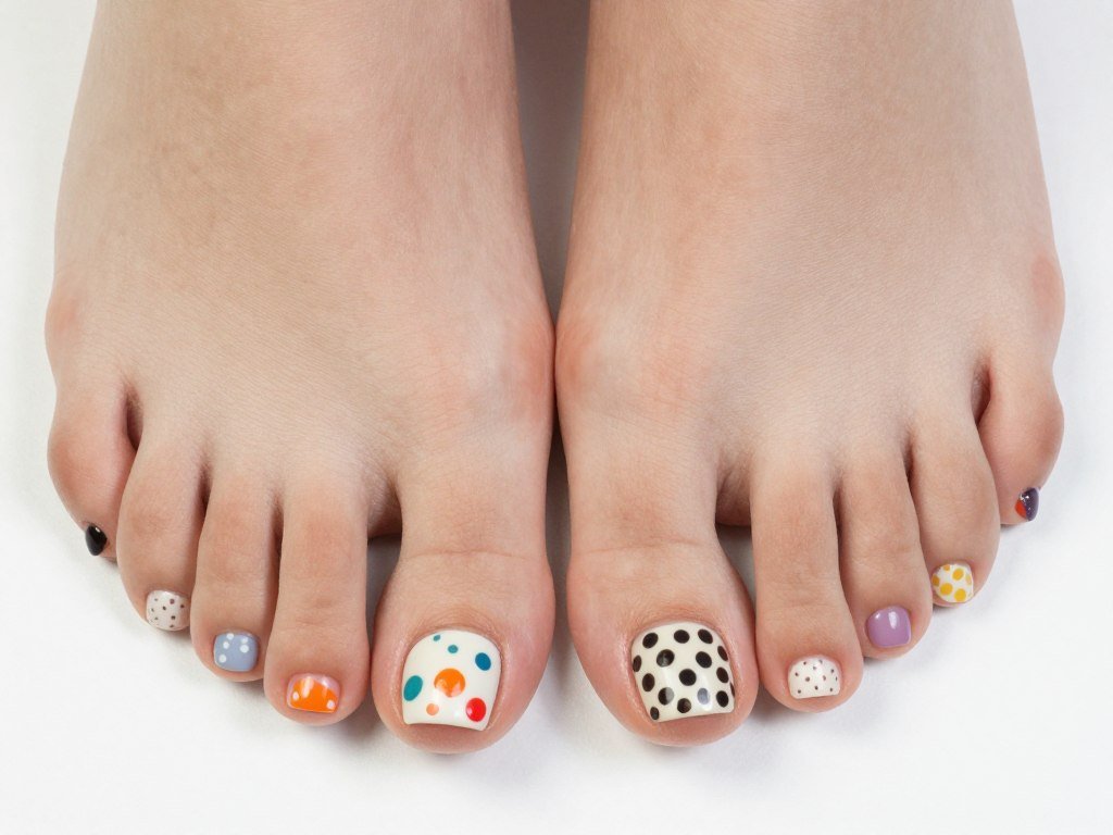 Polka dot pattern nail art on colorful summer pedicure