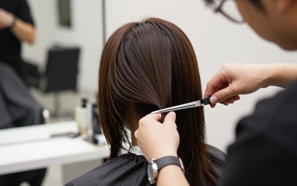 Professional stylist cutting layered hair