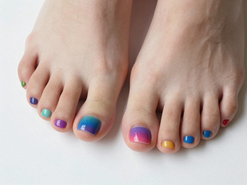 Rainbow gradient nail art on colorful summer pedicure
