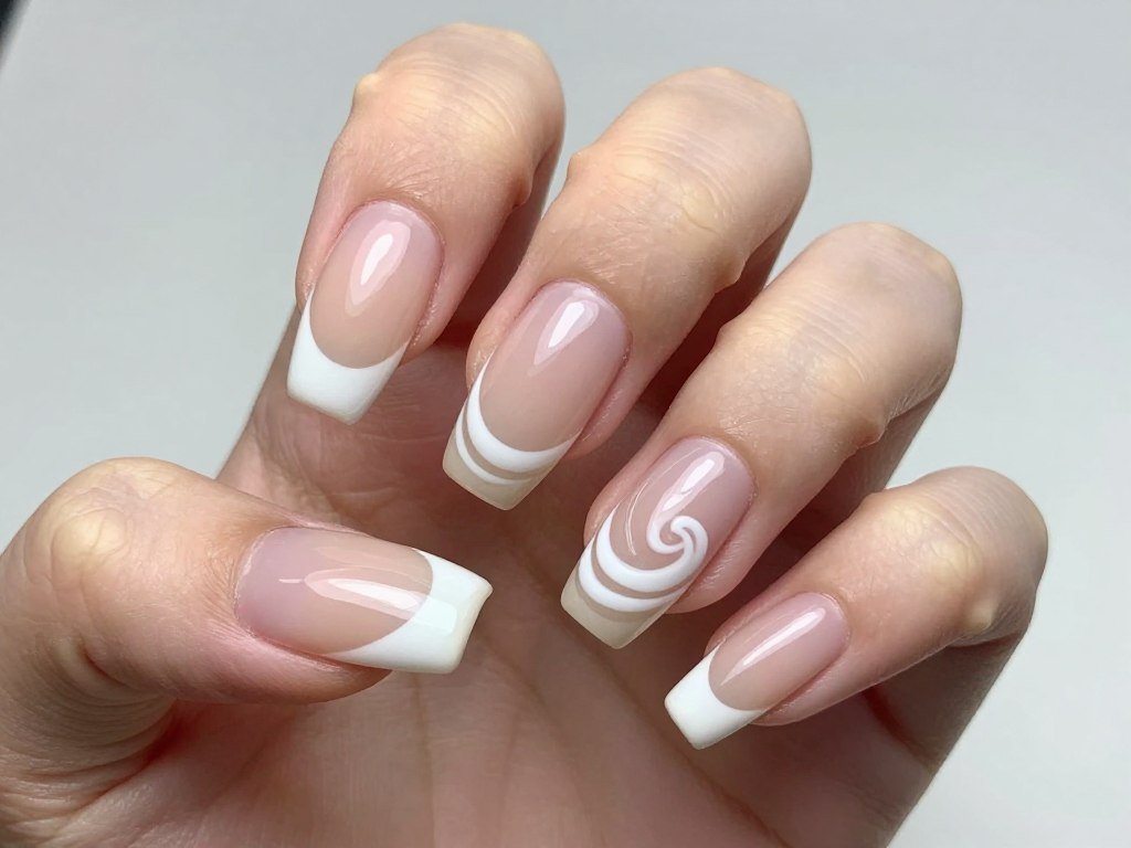 Reverse french tip with swirl pattern at cuticle area