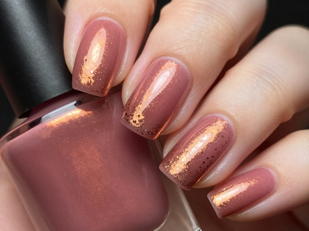 Rich rose pink nails with copper metallic accent details