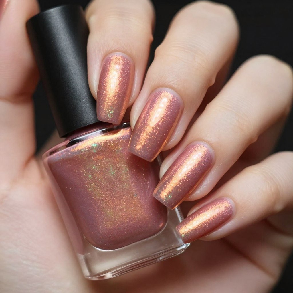 Rose chrome nails with holographic shifting effect showing pink and gold tones