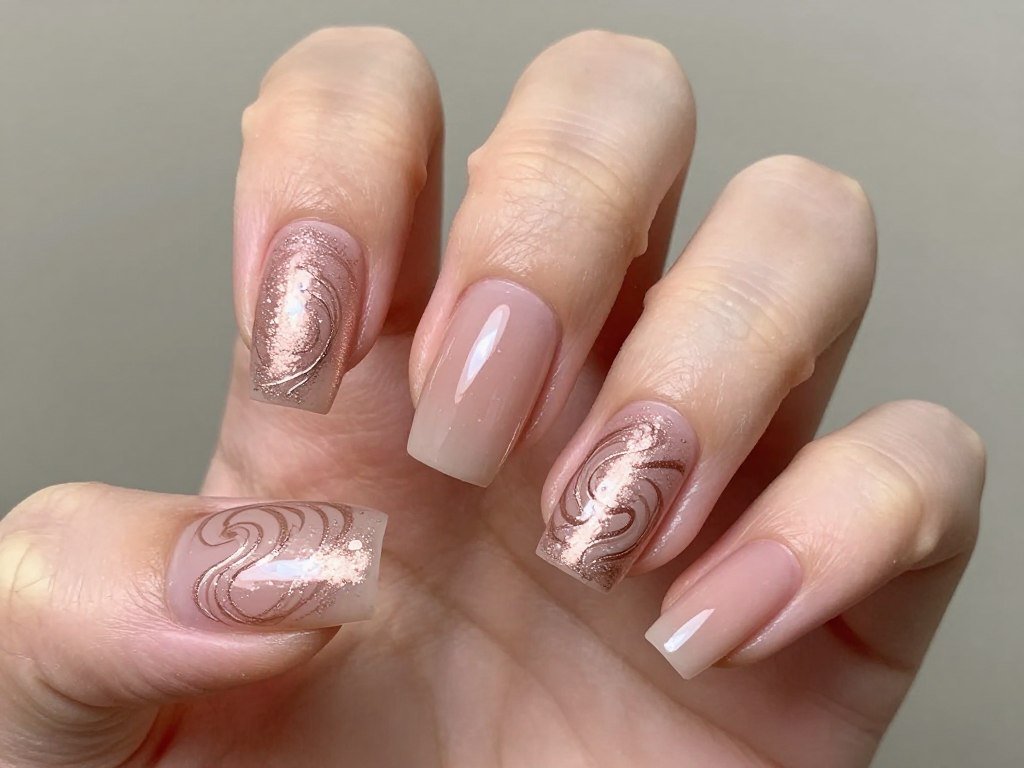 Rose gold glitter swirl nail design on nude base