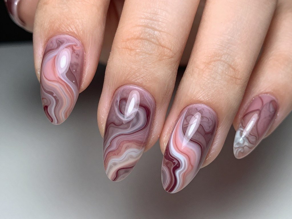 Rose-mauve marble effect nails with swirled stone-like patterns
