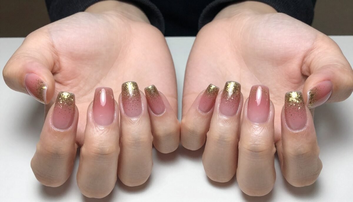 Rose pink nails with glitter gradient from solid to full sparkle tips