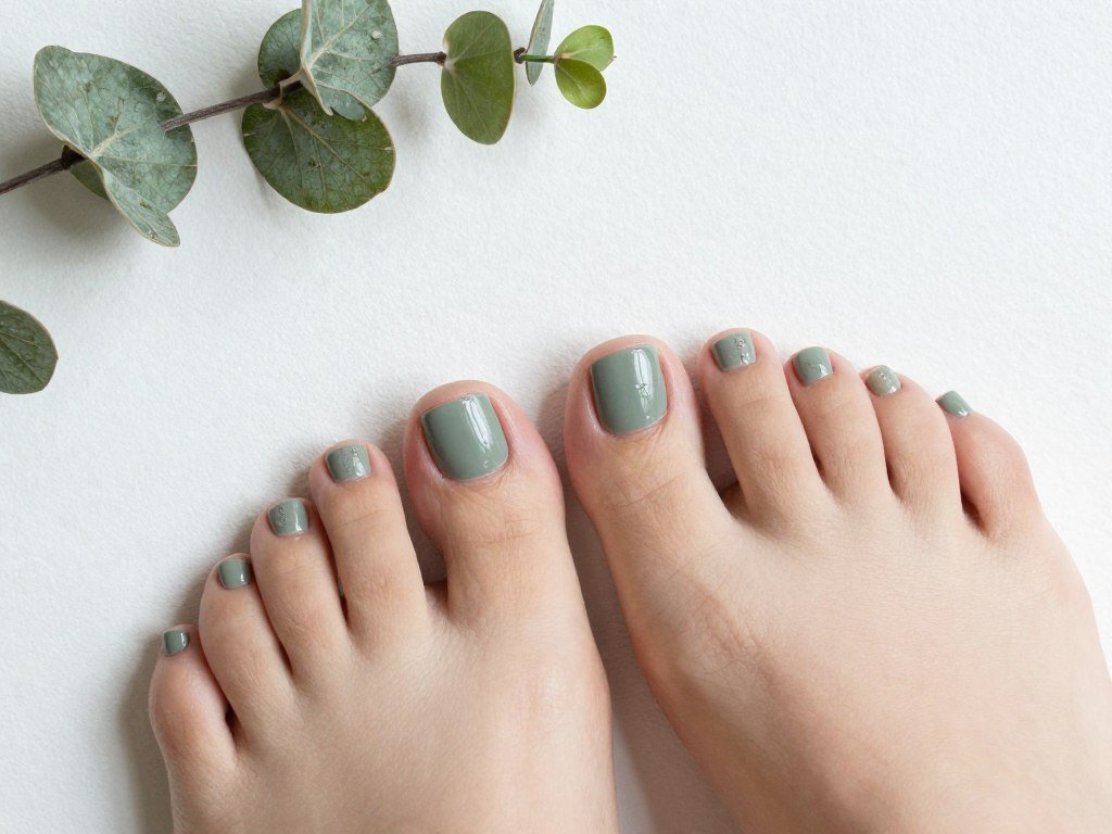 Sage green trending nail color on earthy summer pedicure