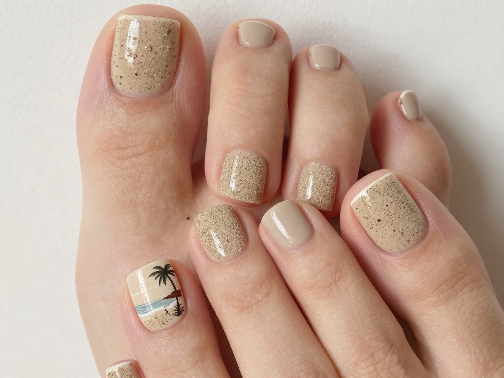 Sandy beach texture nail art design on summer pedicure