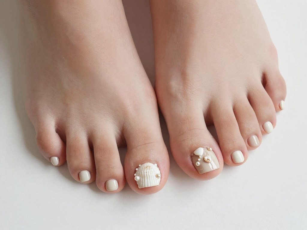 Seashell nail art embellishments on summer beach pedicure