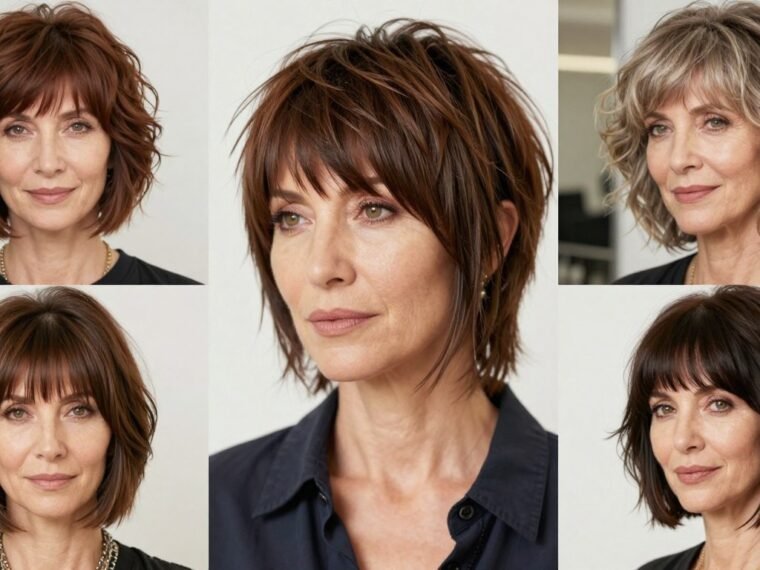 Shaggy hairstyles for women over 50 showcasing multiple layered cuts with volume