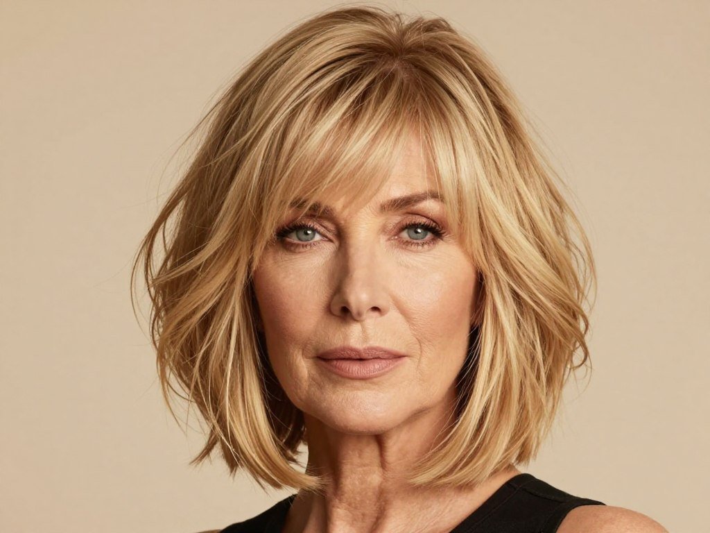 Shaggy lob haircut with face-framing layers for women over 50 with fine hair