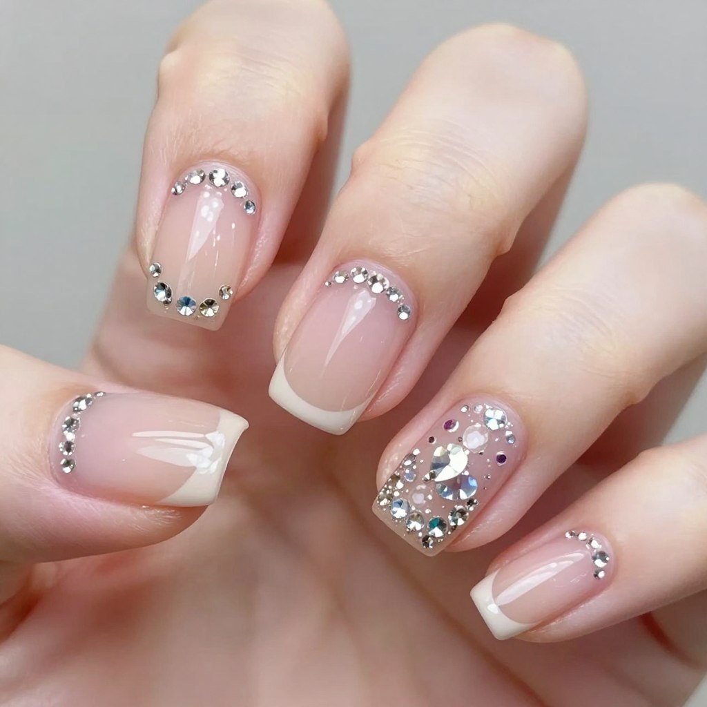 Short gel nail with delicate crystal rhinestone embellishments