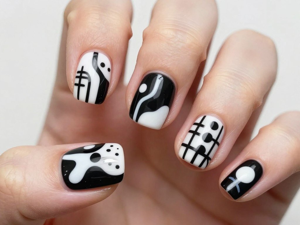 Short nails featuring bold black and white abstract art design with geometric patterns