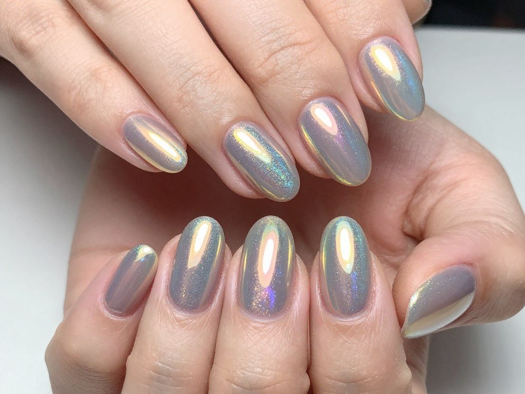 Short nails with holographic rainbow chrome finish creating multidimensional summer effect