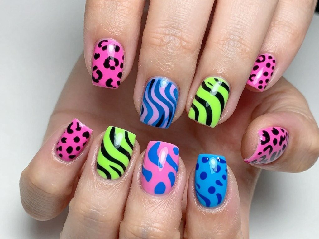 Short nails with mixed neon animal print patterns including leopard and zebra designs