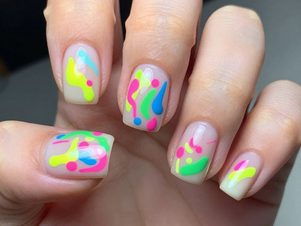Short nails with neon paint splatter design on white background creating abstract art