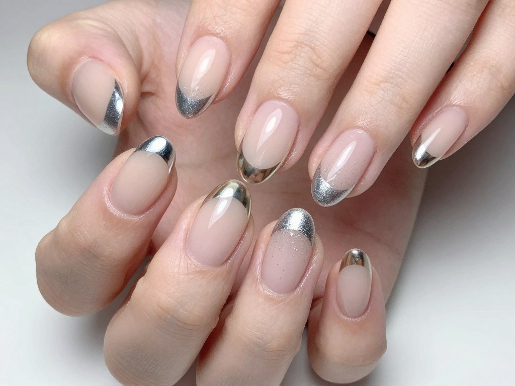 Short nails with nude base and chrome mirror tips creating modern French manicure