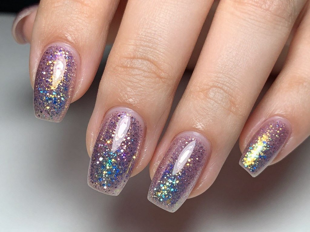 Short nails with rainbow glitter gradient from base to tip creating sparkling summer effect