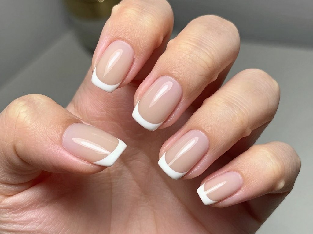 Short nails with soft beige base and ultra-thin white micro French tips