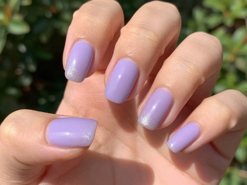 Short nails with soft lavender base and silver shimmer gradient effect for summer elegance