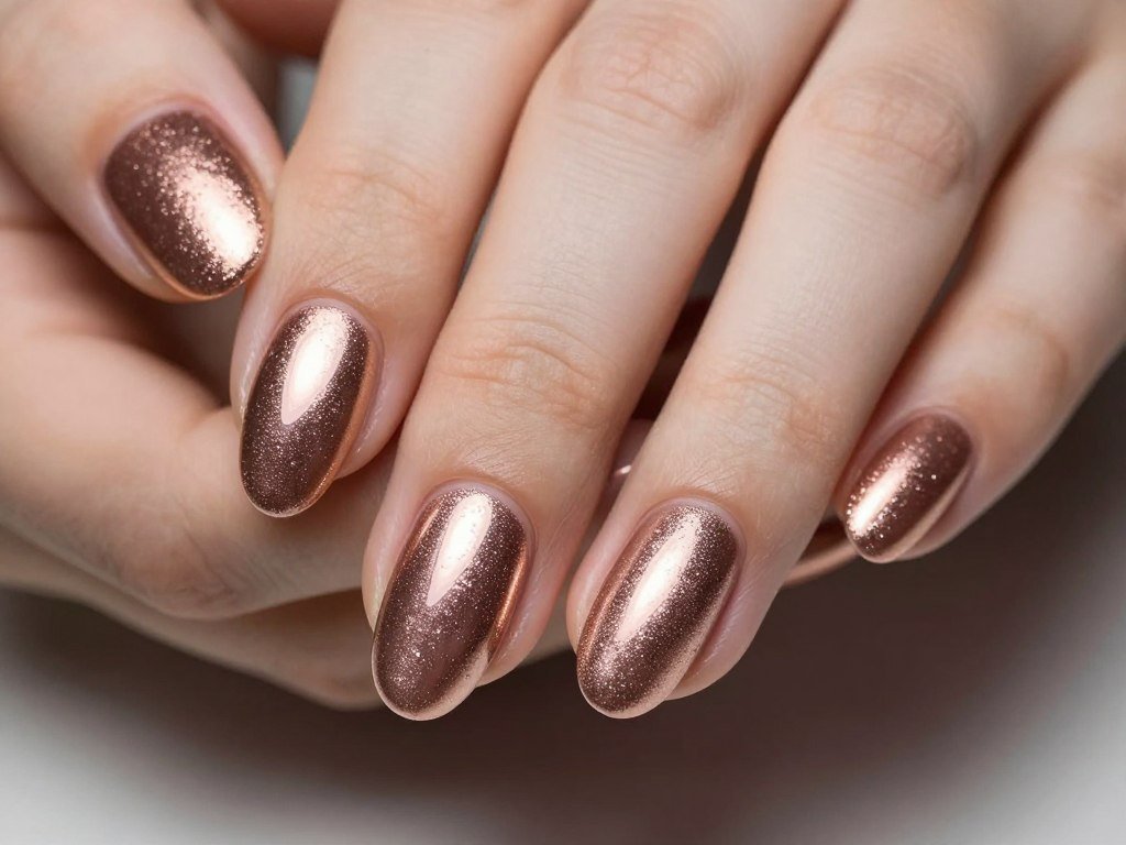 Short nails with soft pink chrome mirror finish creating elegant summer look
