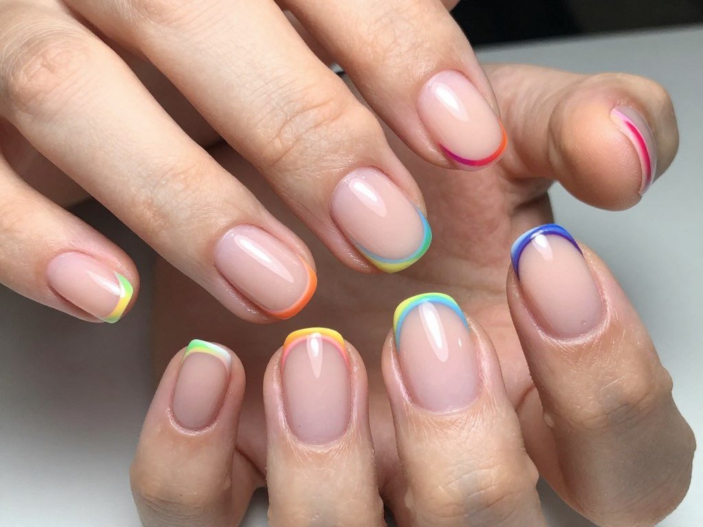 Short nails with thin multicolor French tips in rainbow shades on nude base