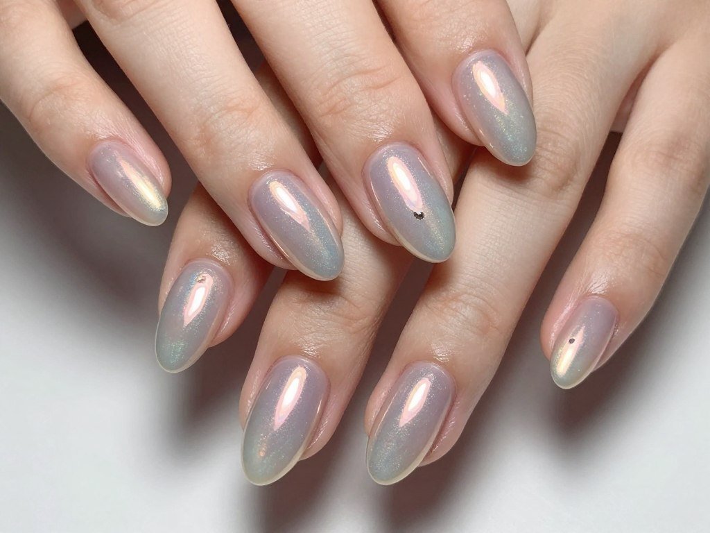Short nails with trendy glazed donut chrome finish creating pearlescent summer look