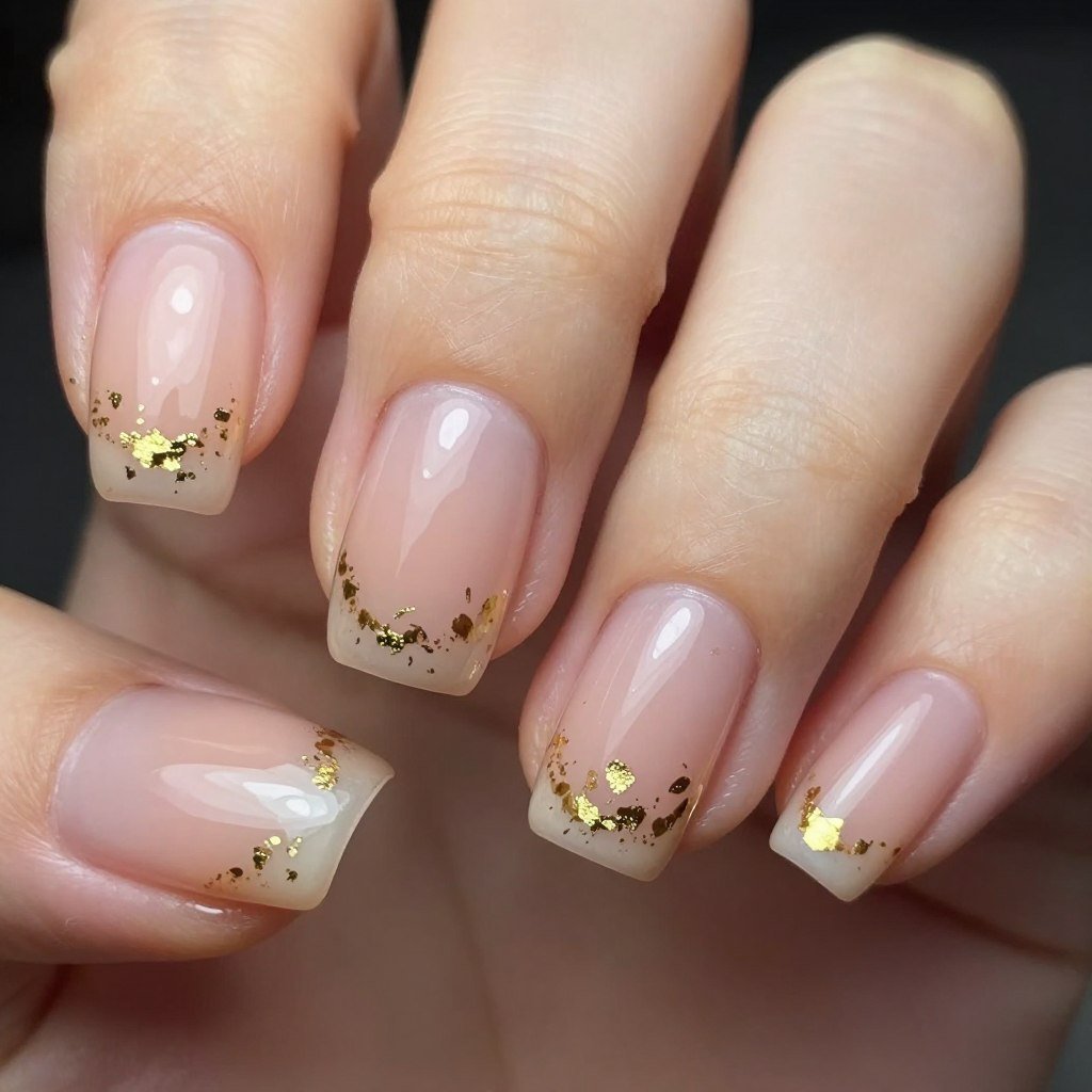 Short nude nails with delicate gold foil flake accents