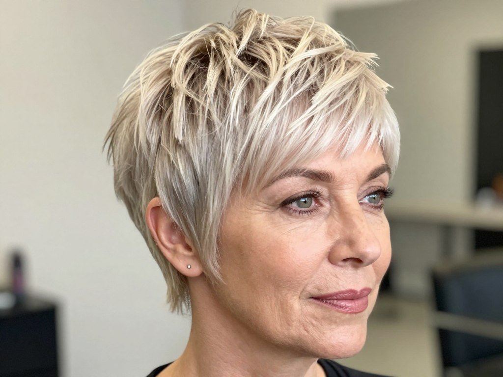 Short shaggy pixie haircut for women over 50 with fine hair showing textured layers