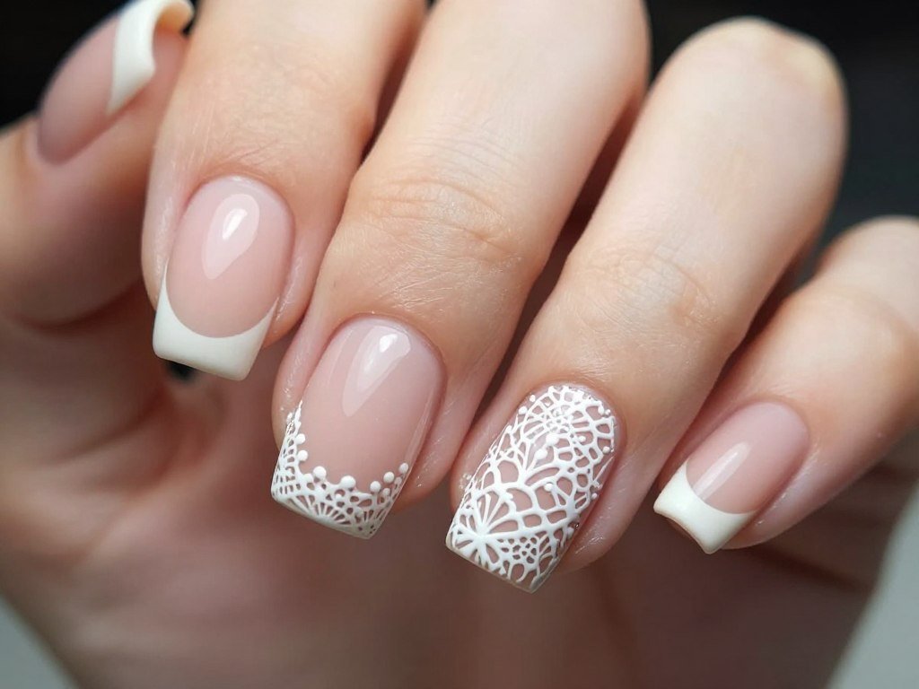 Short summer nails featuring delicate white lace pattern on nude base for elegant look
