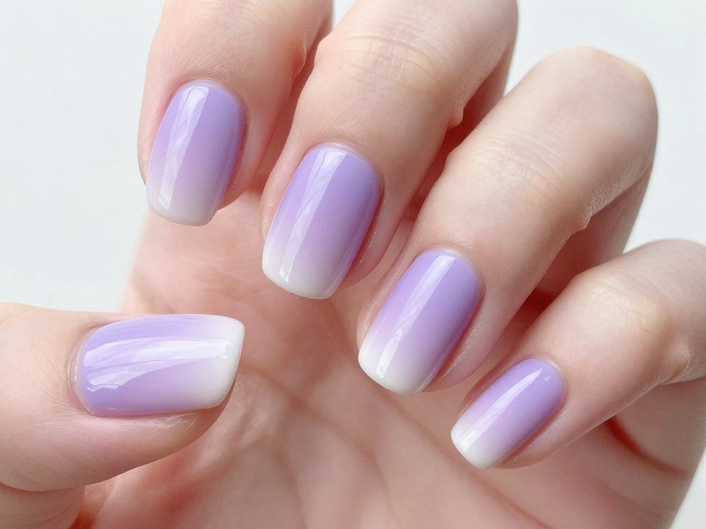 Short summer nails with romantic lilac gradient fading to white tips