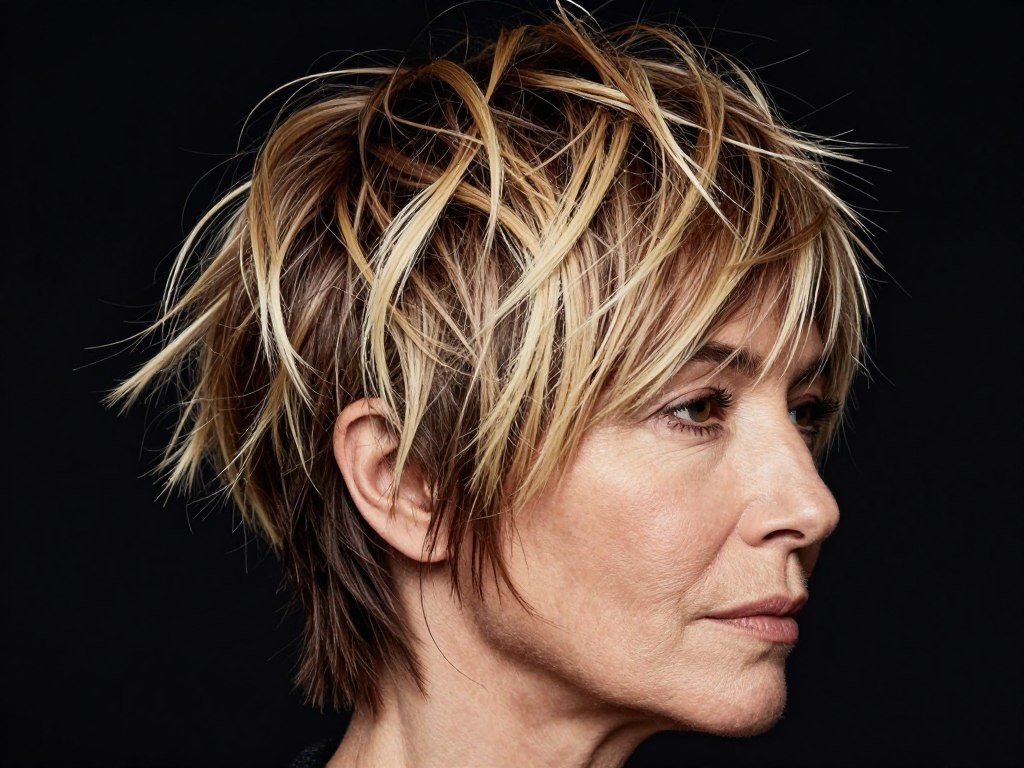 Short textured shag haircut with dimensional highlights for women over 50