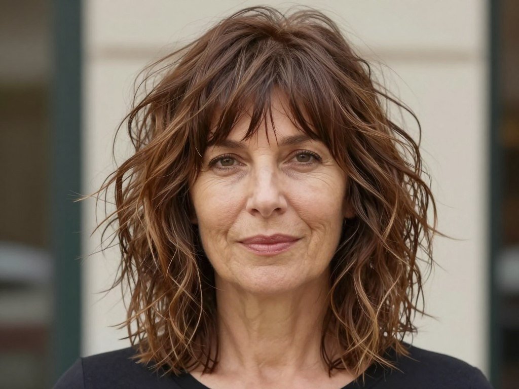 Shoulder length shag haircut with tousled waves for women over 50