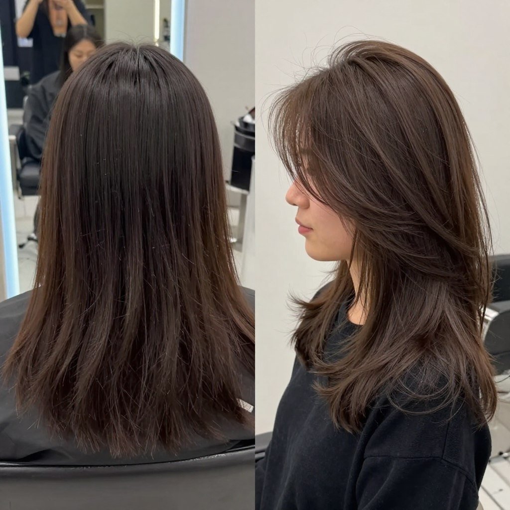 Side-by-side comparison showing hair before and after layering technique