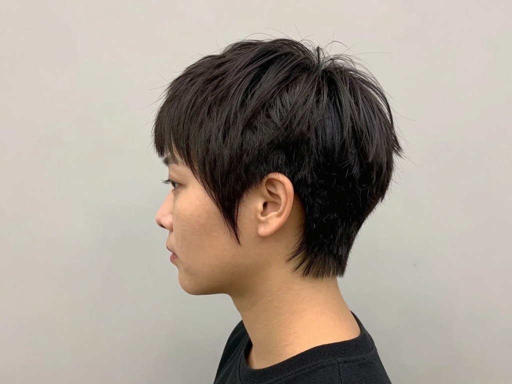 Side view of asymmetrical pixie showing contrast