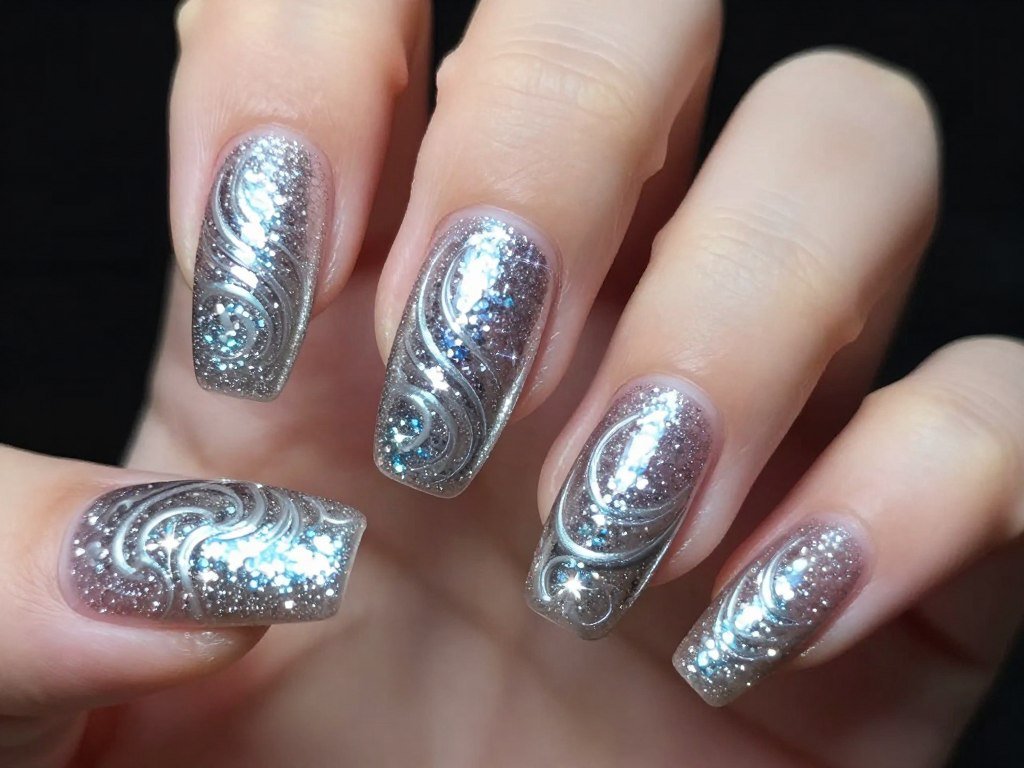 Silver glitter swirl nail design with sparkle